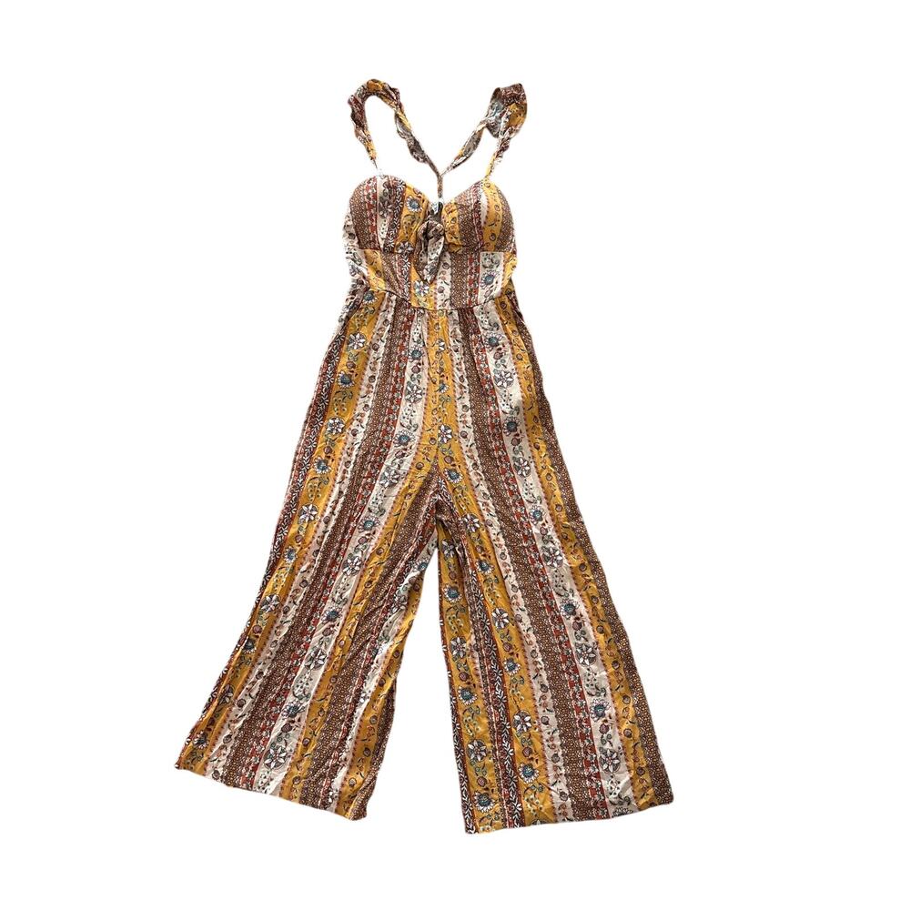Boho Golden Floral Border Print Wide Leg Jumpsuit Festival S